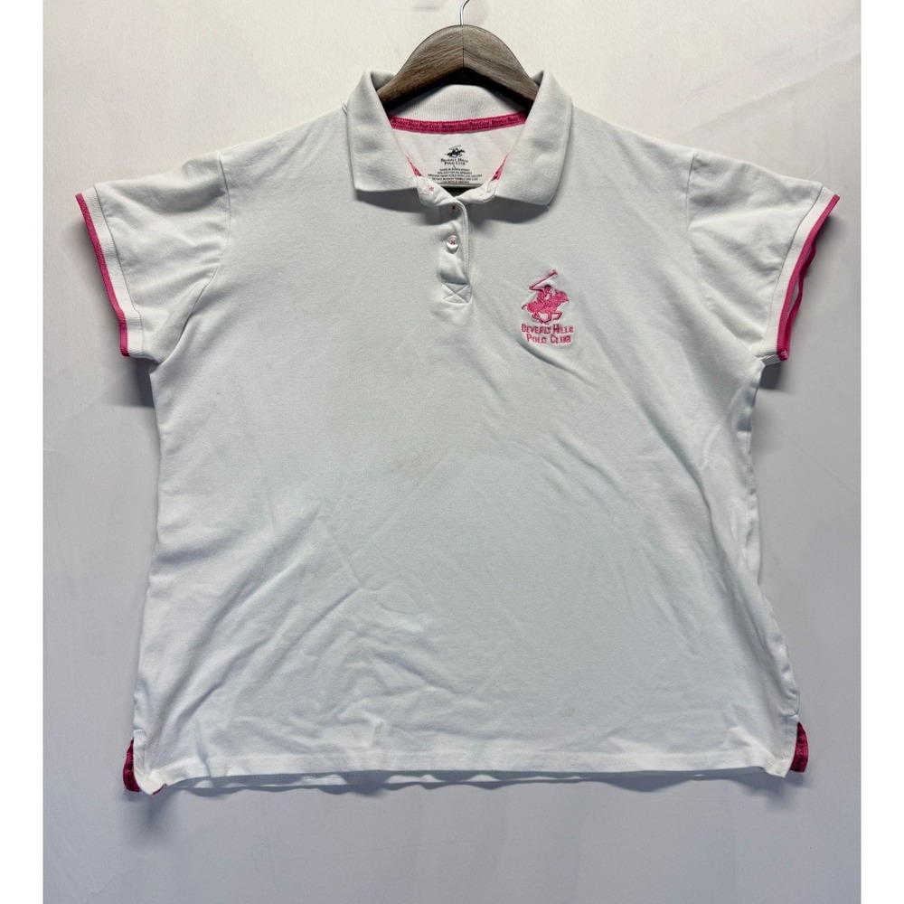 Beverly Hills Polo Club Polo Shirt Womens Large White Stretch Embroidered Logo